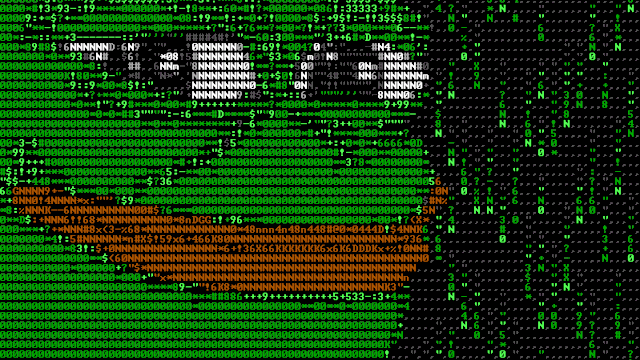 hacked website gif - image of a frog written in matrix code smiling