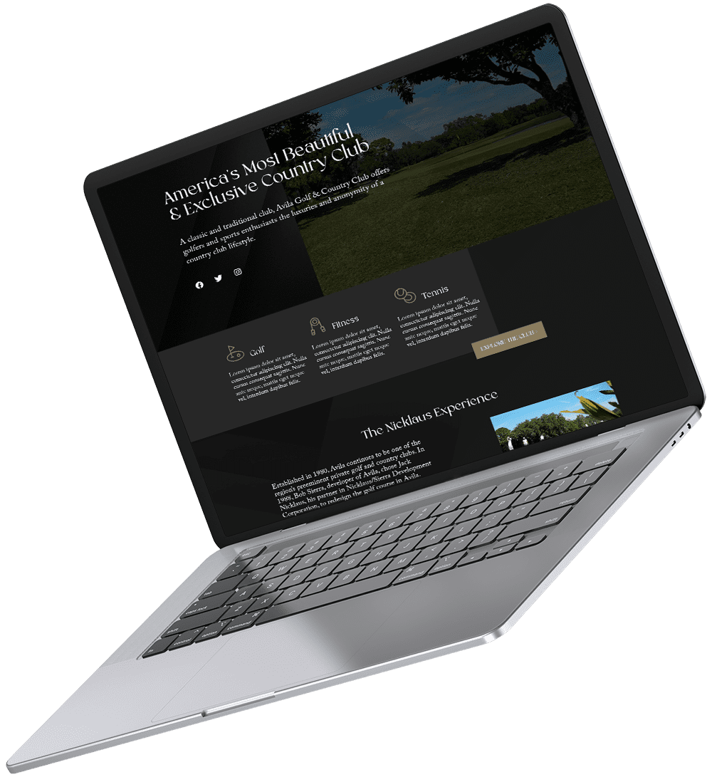 Floating laptop with a picture of Avila Golf Club website
